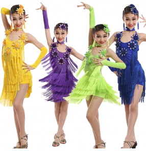 Non green royal blue violet purple fringes girls kids children school play competition rhinestones backless performance latin salsa cha cha dance dresses 